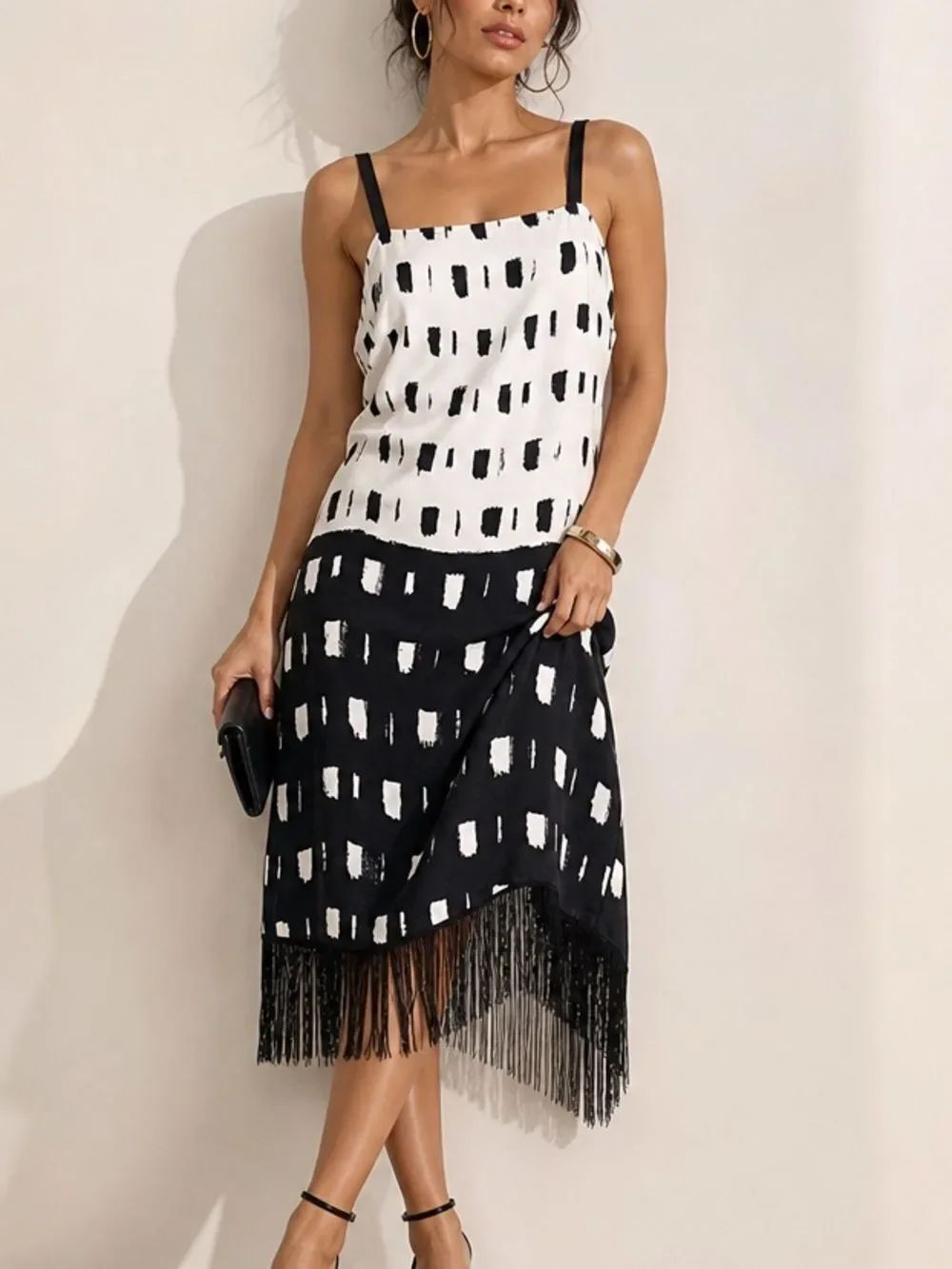 Paz Torras Black And White Party Cocktail Sleeveless Fringe Midi Dress Size M
